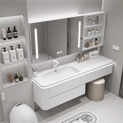 화장대 거울이 있는 나무 패널 욕실 캐비닛